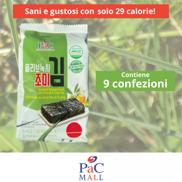 PAC ALGHE TOSTATE CON OLIO D'OLIVA E TÈ VERDE 조미김 (9 CONFEZIONI) - 40,5g